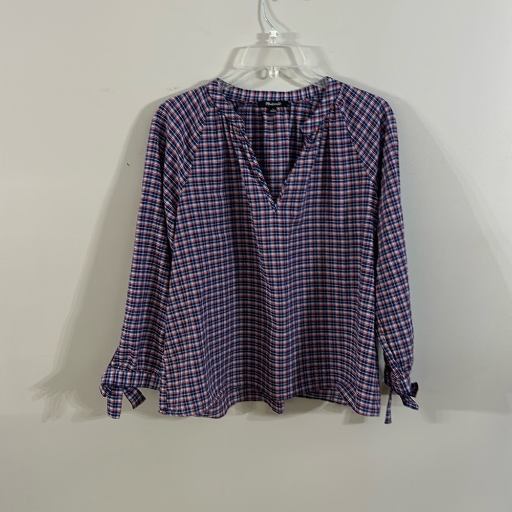 Madewell 79 cotton 21 linen L popover plaid blouse red blue white tie sleeves - Picture 3 of 8